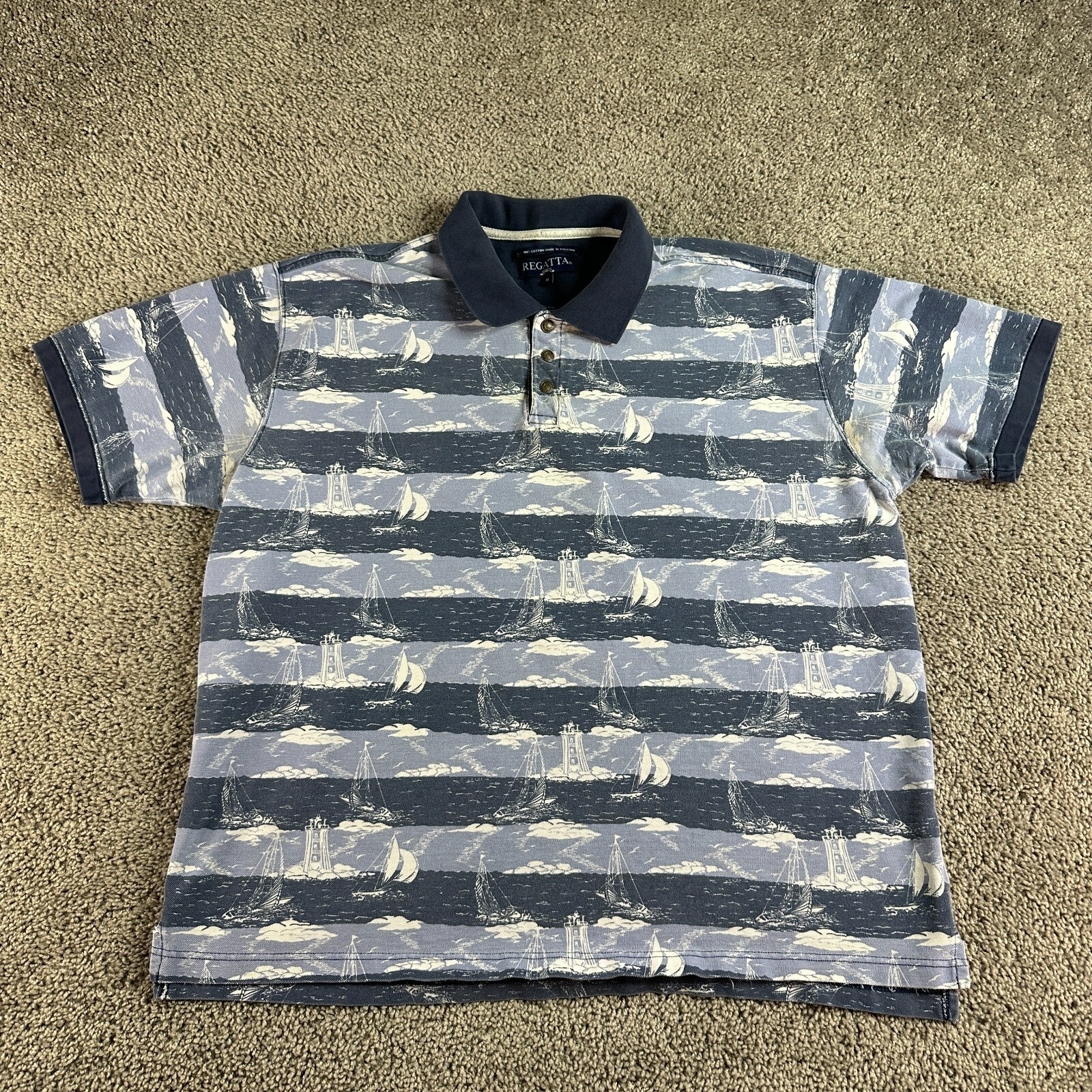 Vintage Regatta Shirt Mens Xl Blue White Aop Sailboats Sailing Print Polo